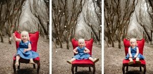 3 photos of cute kid having her Christmas photo taken at Catherine Hill Bay location