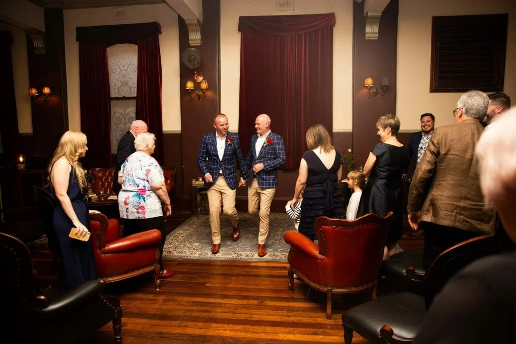 Andrew Barr's walking down the aisle newly married at Longworth House, newcastle NSW